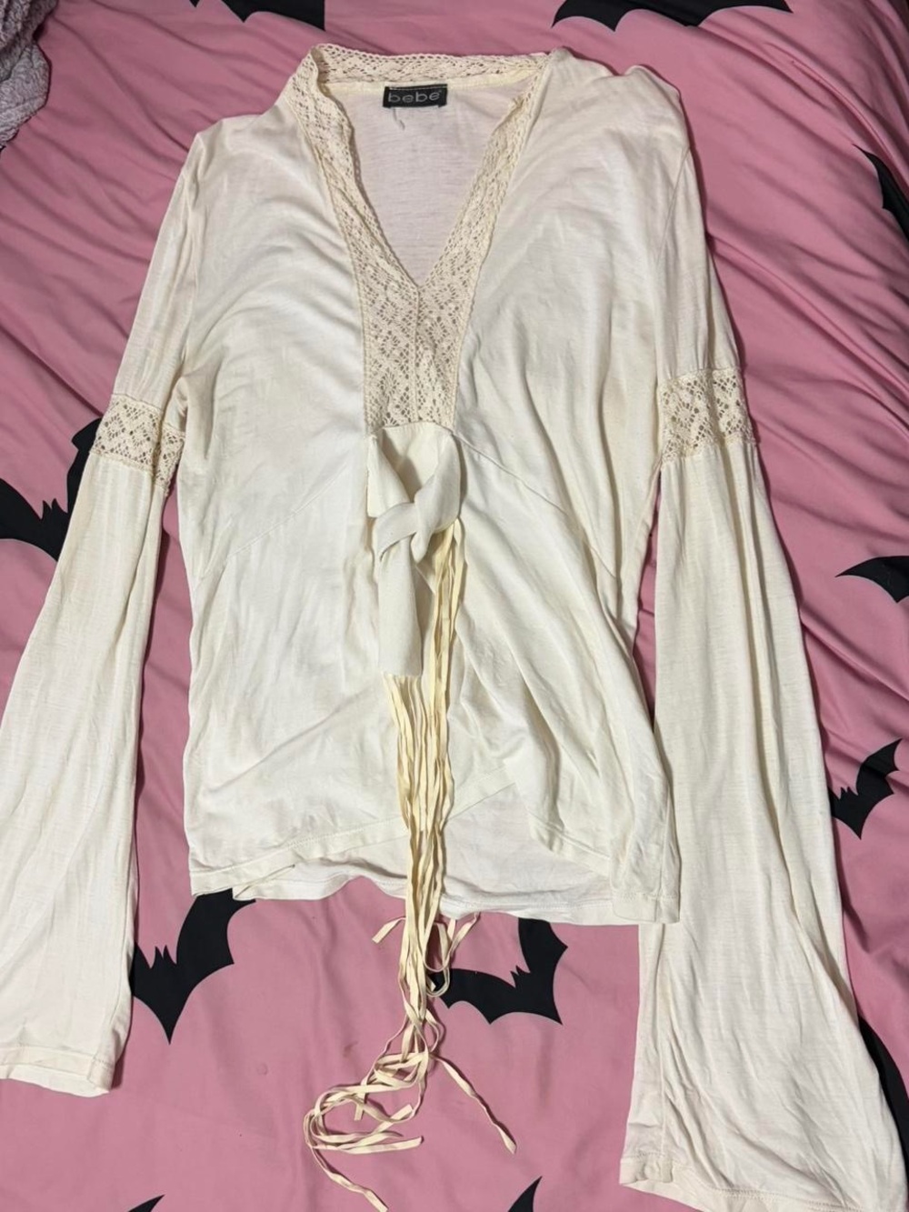 Bebe Cream Lace Fringe Long Sleeve Blouse